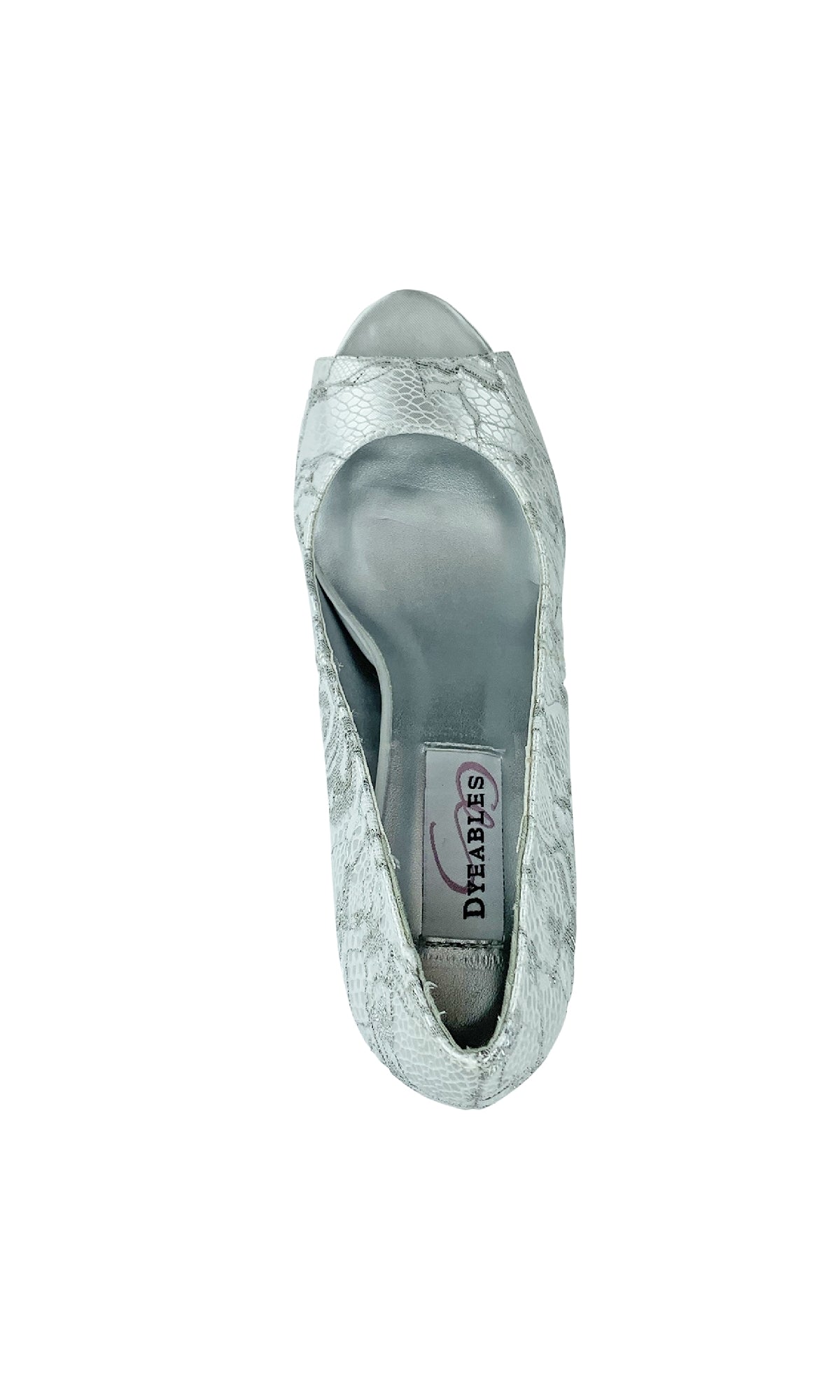 A single Winter White Lace and Satin Prom Shoe by Dyeables, style 32914, with an open toe and elegant design—ideal for special occasions and those seeking stylish heeled footwear.